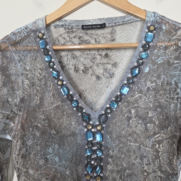 Vtg Y2K David Cline Mesh Fishnet Floral Burnout Embellished Top Grunge Fairy Lrg - Picture 3 of 9